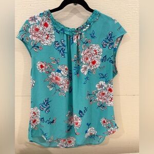 Daniel Rainn Turquoise Floral Ruffle-Neck Cap Sleeve Blouse